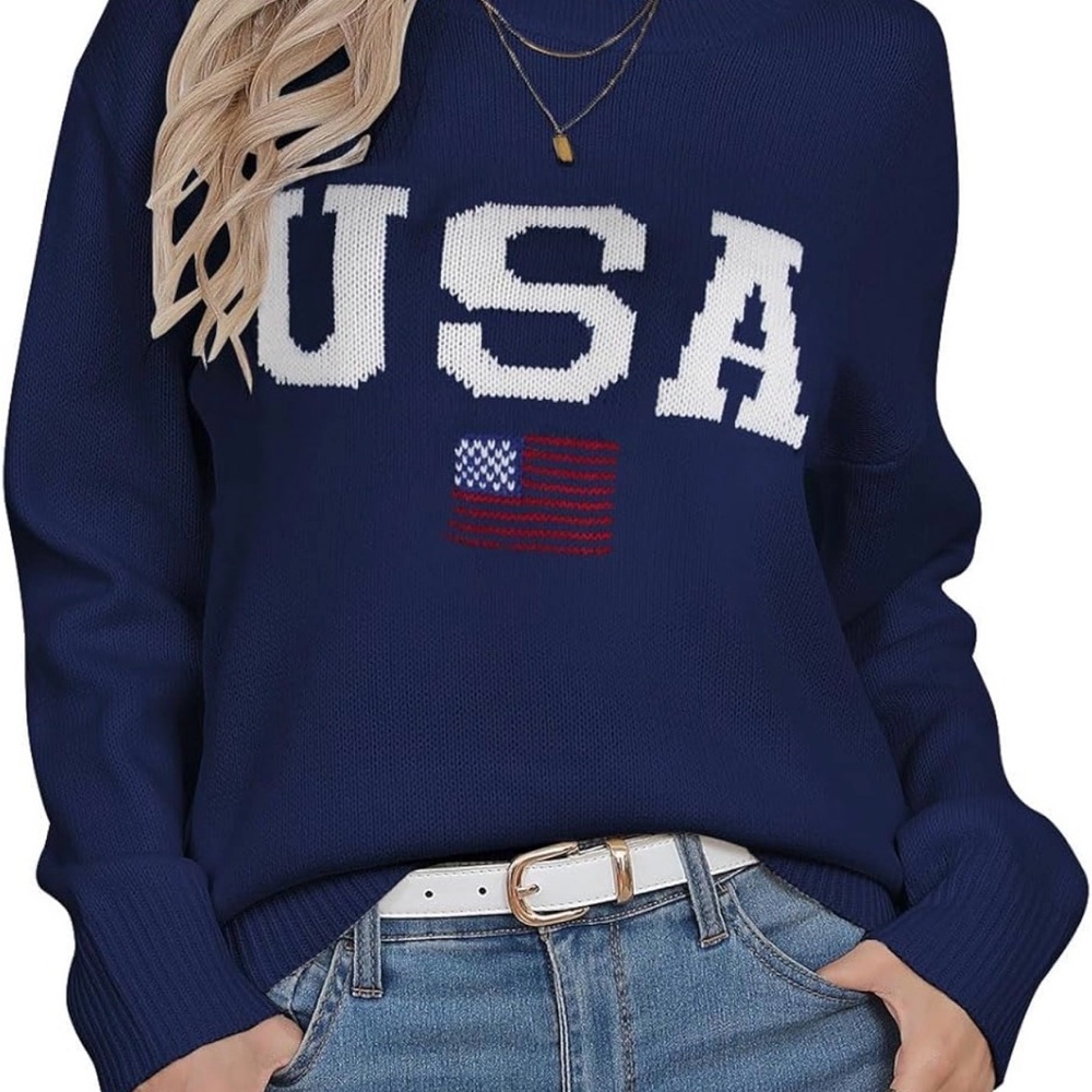 Amazon Navy Blue USA Crewneck Sweater with White Lettering & Red Accent